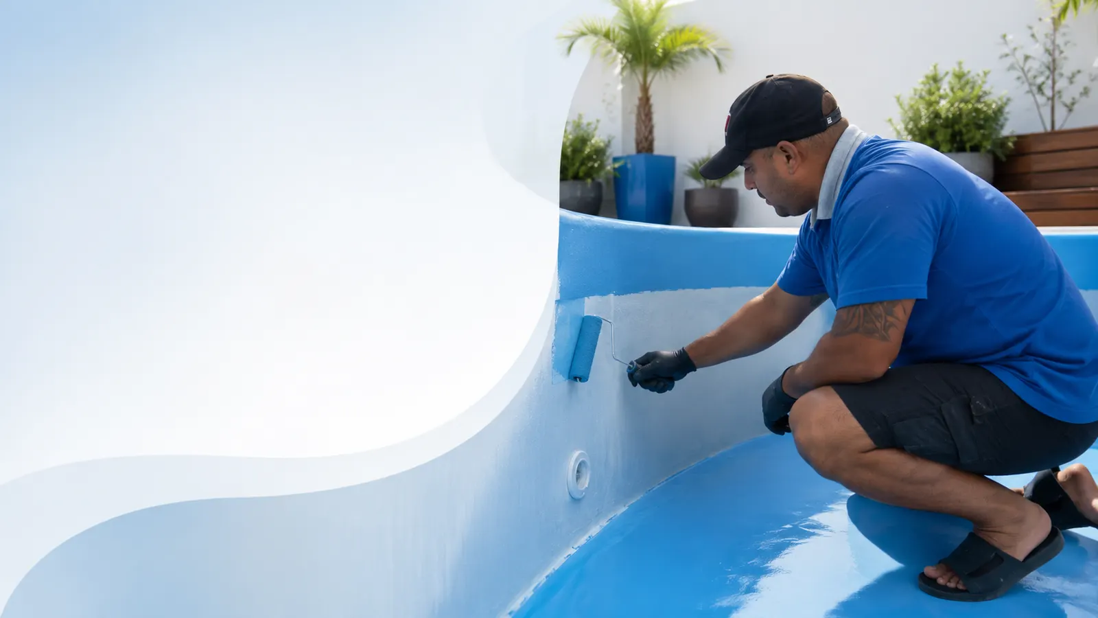 Profissional aplicando pintura azul com rolo na parede interna de uma piscina de fibra.